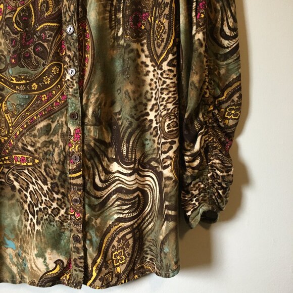 Vintage Y2K Animal Paisley Print Ruched Sleeve Button Up Top - Picture 4 of 16